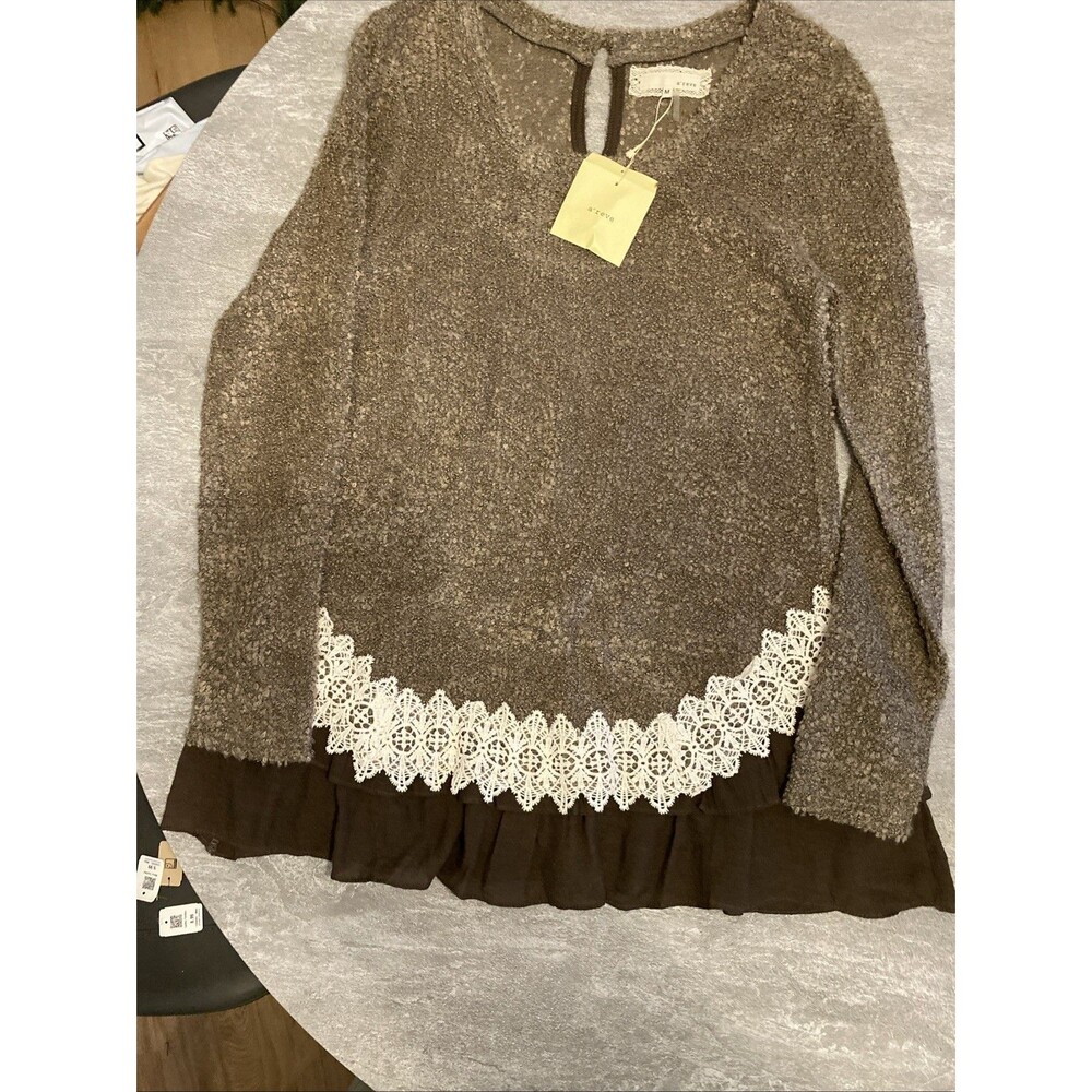 NWT A'reve Boutique Chocolate Brown Knit Tunic Top Lace Ruffle Bohemian  Chic